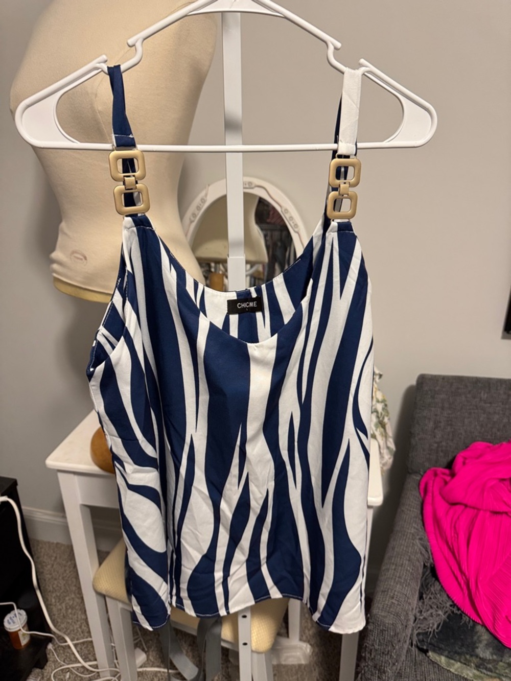 CHICME Navy and White Striped Tank with Gold Buckle Straps